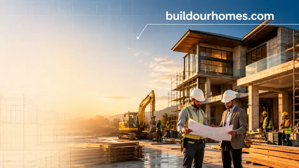 BuildOurHomes luxury home construction site with engineers reviewing blueprints and workers building a modern residential project.