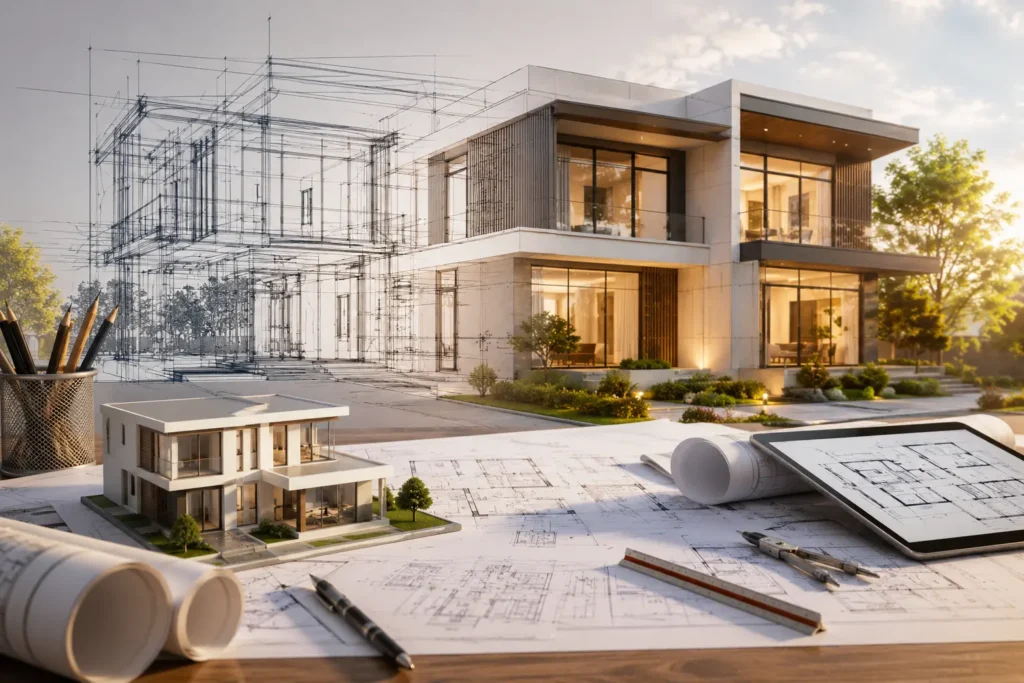 Modern architectural design concept featuring a luxury house, architectural blueprints, 3D scale model, digital floor plan, and professional drafting tools in a contemporary design studio
