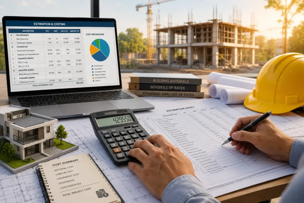 Construction estimation and costing process with a civil engineer calculating project costs using blueprints, a calculator, a laptop, and budget documents for a residential building project
