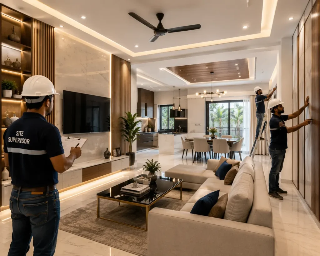 Modern luxury home interior with premium finishing work, elegant living room design, custom wall panels, marble flooring, LED lighting, and professional interior finishing by skilled workers