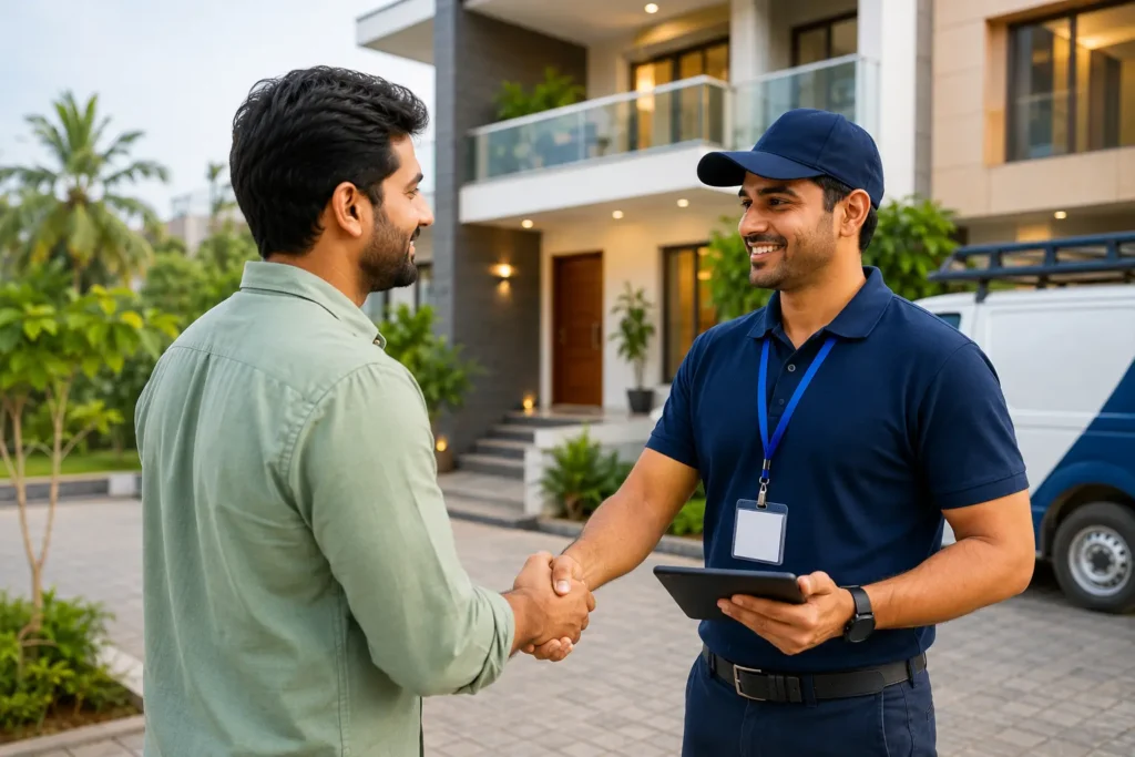 Construction company representative providing after-sales support to a homeowner outside a modern house, demonstrating ongoing customer service and post-construction assistance