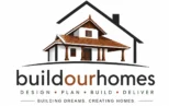 BuildOurHomes logo featuring a minimalist Kerala-style house with a bold architectural roof outline in black. The design uses warm brown roof tiles and wooden pillars to represent civil engineering, architecture, and home construction. Clean black and brown typography appears below on a white background, creating a professional and modern brand identity.
