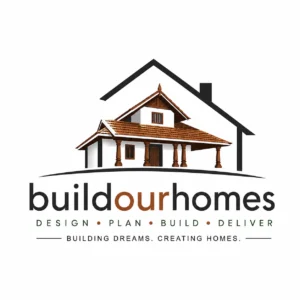BuildOurHomes logo featuring a minimalist Kerala-style house with a bold architectural roof outline in black. The design uses warm brown roof tiles and wooden pillars to represent civil engineering, architecture, and home construction. Clean black and brown typography appears below on a white background, creating a professional and modern brand identity.