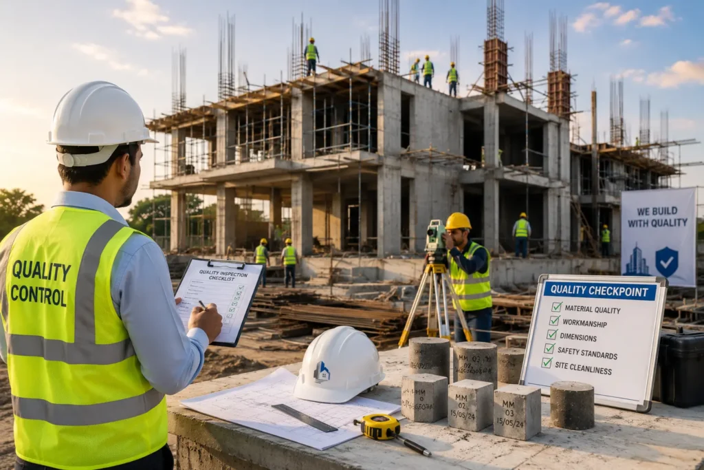 Construction quality control inspection at a residential building site with a civil engineer checking workmanship, concrete quality, site measurements, and safety standards during construction