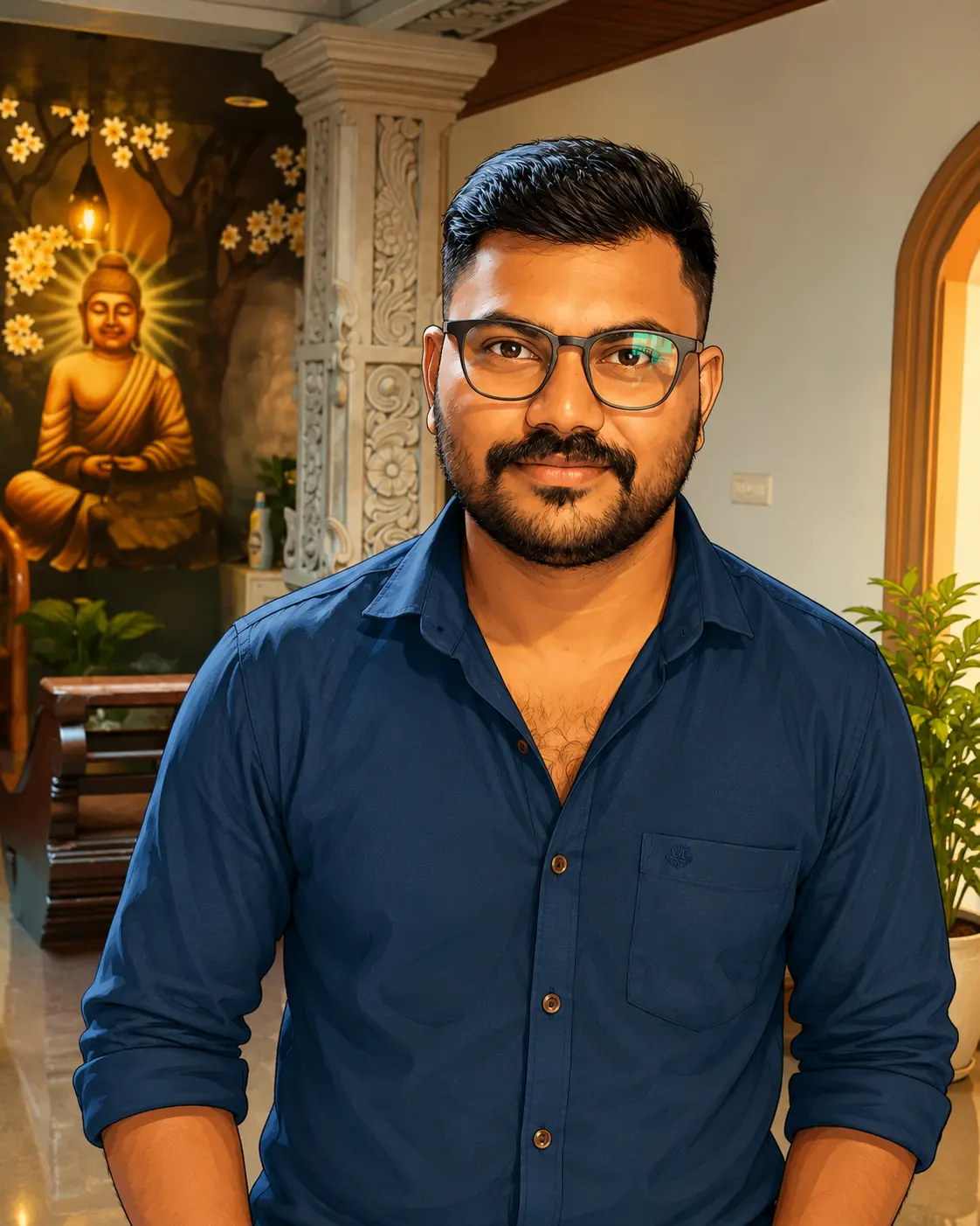 Animated portrait of a man with short black hair, glasses, and a neatly trimmed beard, wearing a navy blue button-up shirt with rolled-up sleeves. He is seated indoors in a warm, elegant space featuring a carved decorative pillar, a glowing Buddha mural, wooden furnishings, indoor plants, and soft ambient lighting. The artwork has a clean, modern cartoon-style illustration with rich colors and fine details