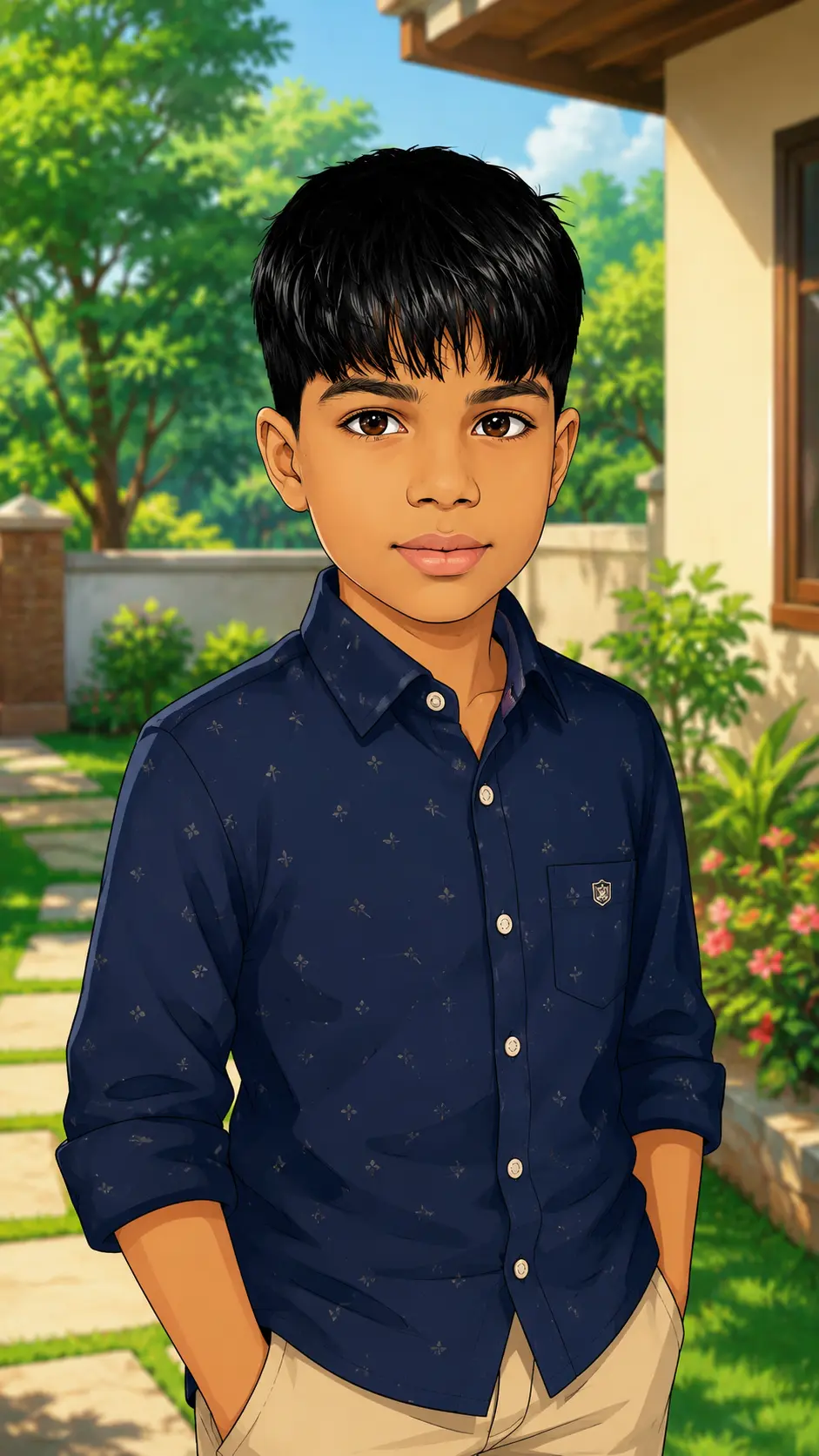 Animated portrait of a young boy with short black hair and brown eyes, wearing a navy blue patterned button-up shirt with rolled-up sleeves and light beige trousers. He stands with one hand in his pocket in a bright garden beside a modern home, surrounded by green trees, flowering plants, and a sunny blue sky. The illustration has a clean, vibrant, cartoon-style appearance.